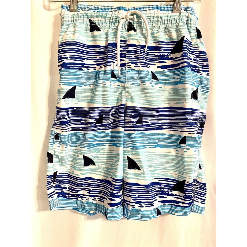 Boys Place Sport Board Shorts Swim Trunks L 10 12 Blue White Shark In Water
